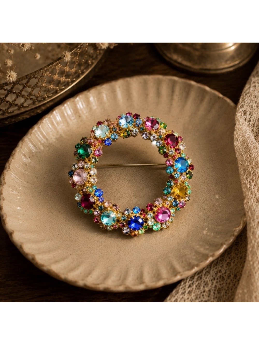 Vintage Multicolor Rhinestone Wreath Brooch Gold Tone Round Pin Mid Century